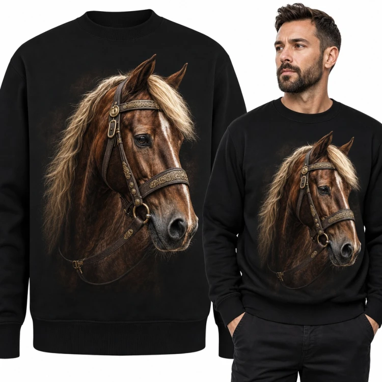 Bluza męska bez kaptura - realistyczny koń z jasną grzywą w zdobionym ogłowiu