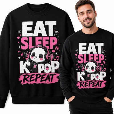 Bluza męska bez kaptura - „Eat sleep K-pop repeat” z pandą w słuchawkach