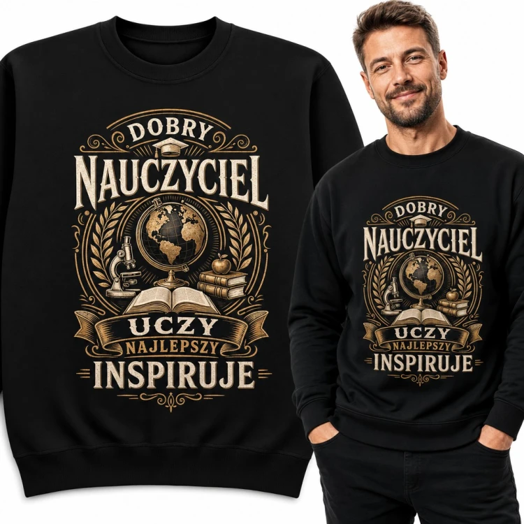 Bluza męska bez kaptura - „Dobry nauczyciel uczy, najlepszy inspiruje” z globusem i książkami dla nauczyciela