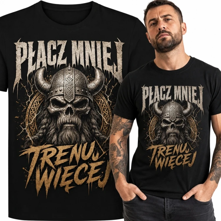 Koszulka męska z czaszką wikinga „Płacz mniej, trenuj więcej”