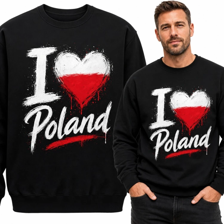 Bluza męska bez kaptura „I ♥ Poland” - biało-czerwone serce w stylu graffiti