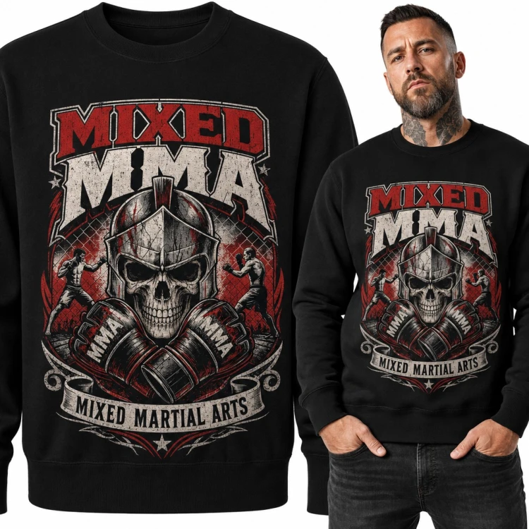 Bluza męska bez kaptura „Mixed MMA” - czaszka w spartańskim hełmie i rękawice