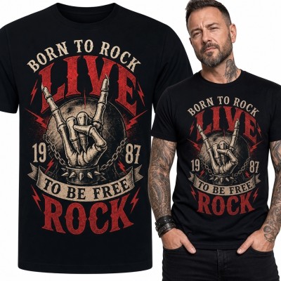 Koszulka męska na 39 urodziny „Born to rock” - rocznik 1987 i gest rogów