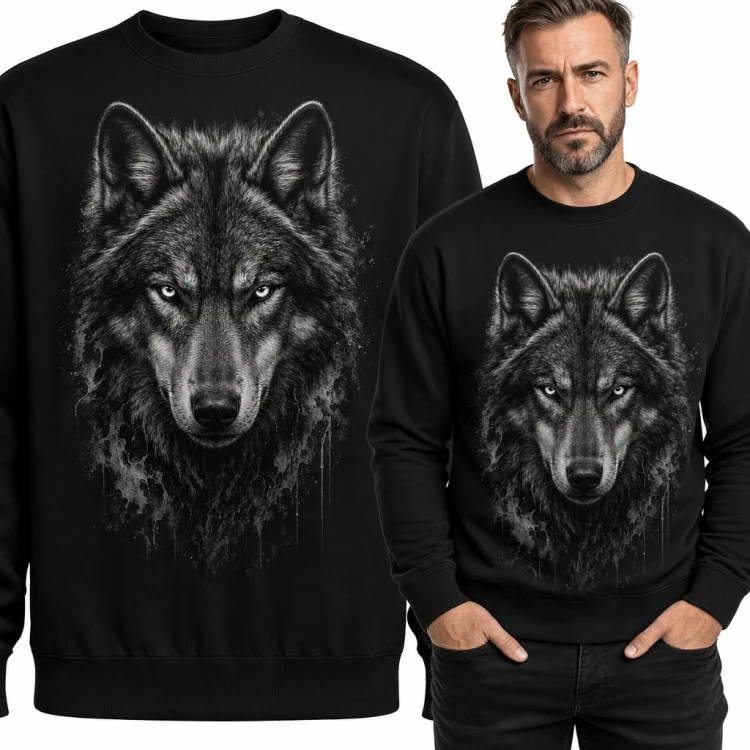 Bluza męska bez kaptura - realistyczny portret wilka o jasnych oczach