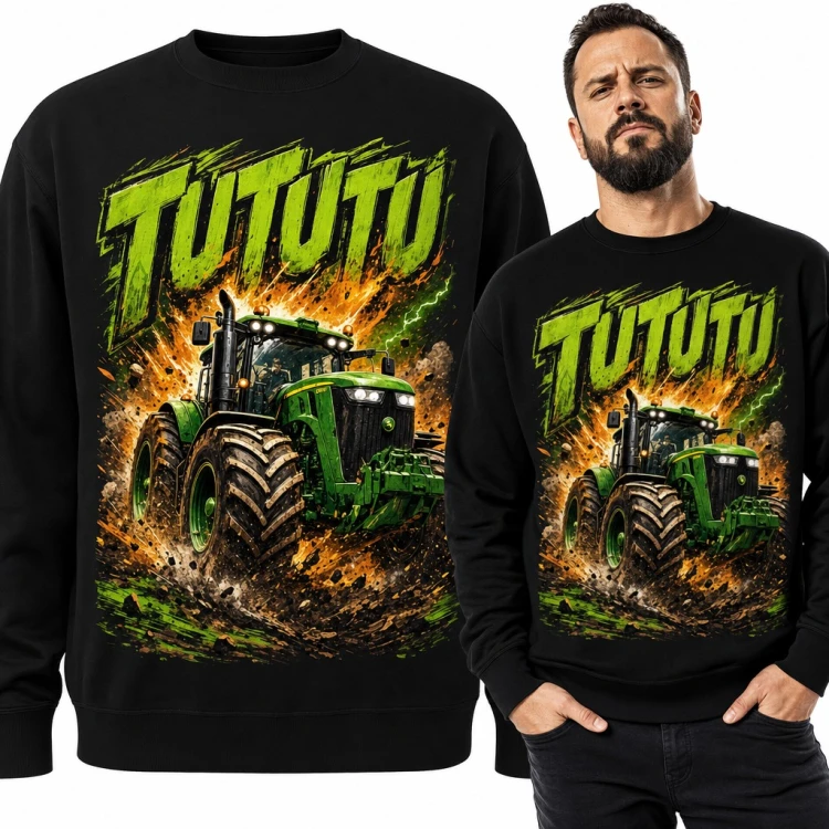 Bluza męska bez kaptura „Tututu” - zielony traktor w błocie dla rolnika