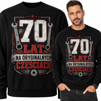 Bluza męska bez kaptura na 70 urodziny - „70 lat na oryginalnych częściach” z kluczami