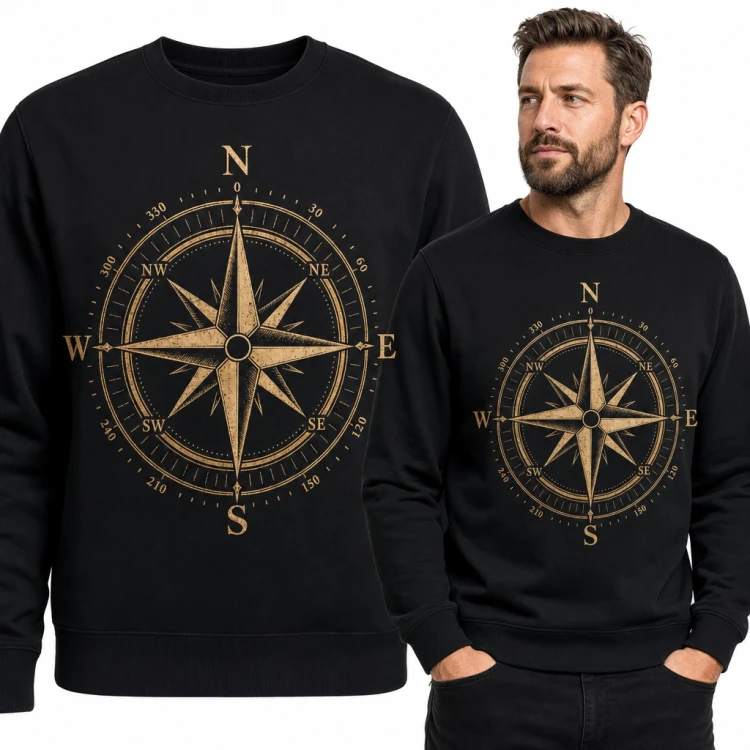 Bluza męska bez kaptura - złota róża wiatrów z kompasem dla podróżnika