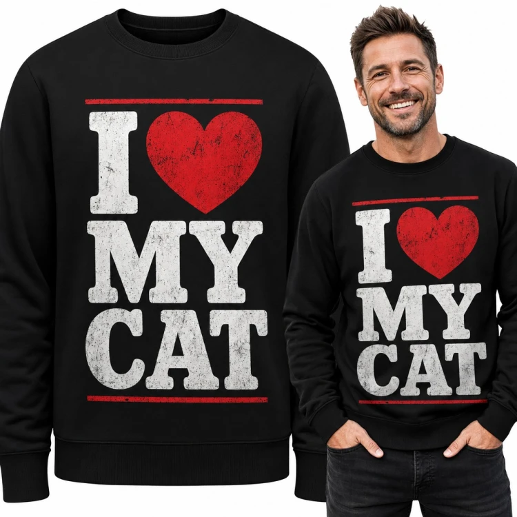 Bluza męska bez kaptura „I ❤ my cat” - napis z czerwonym sercem dla kociarza
