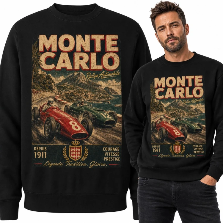 Bluza męska bez kaptura - „Monte Carlo” retro plakat z wyścigowymi bolidami