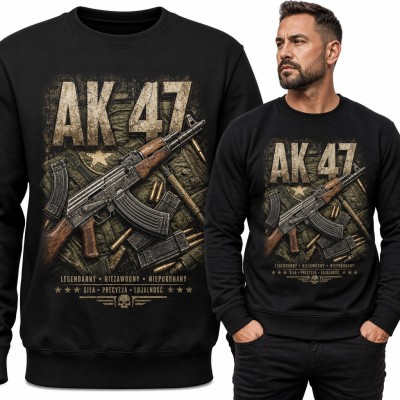 Bluza męska bez kaptura - „AK 47” karabin Kałasznikow na tle wojskowego oporządzenia