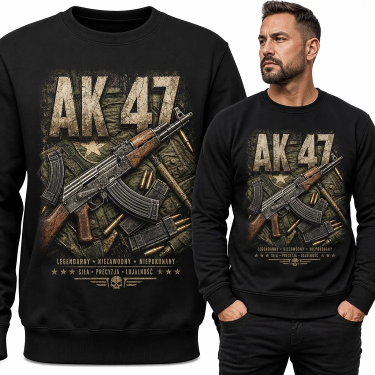 Bluza męska bez kaptura - „AK 47” karabin Kałasznikow na tle wojskowego oporządzenia