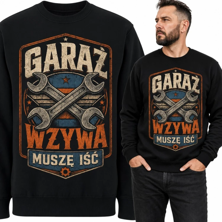 Bluza męska bez kaptura - „Garaż wzywa, muszę iść” ze skrzyżowanymi kluczami dla mechanika