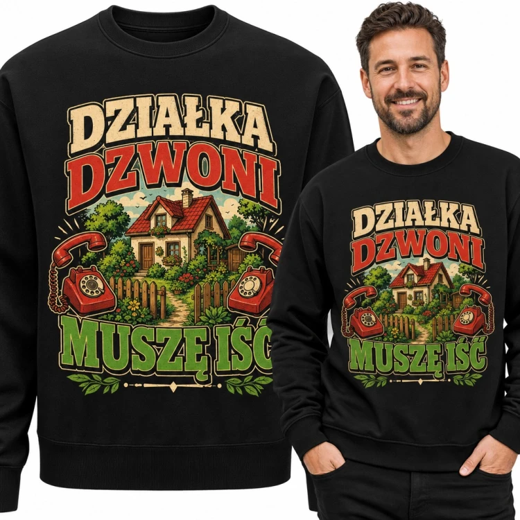 Bluza męska bez kaptura „Działka dzwoni, muszę iść” - domek z ogródkiem i stare telefony