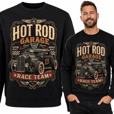 Bluza męska bez kaptura „Hot Rod Garage Race Team” - retro auto z silnikiem V8