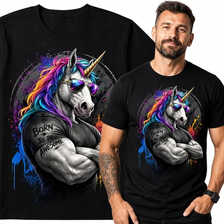 Koszulka męska z muskularnym jednorożcem i napisem „Born to Be Awesome” - humor fitnessowy