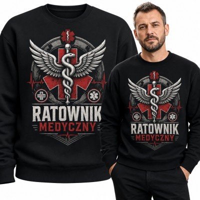 Bluza męska bez kaptura - „Ratownik medyczny” ze skrzydlatą laską Eskulapa