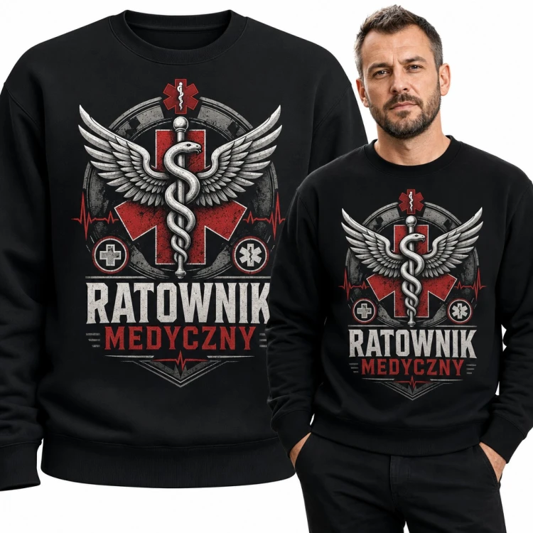 Bluza męska bez kaptura - „Ratownik medyczny” ze skrzydlatą laską Eskulapa