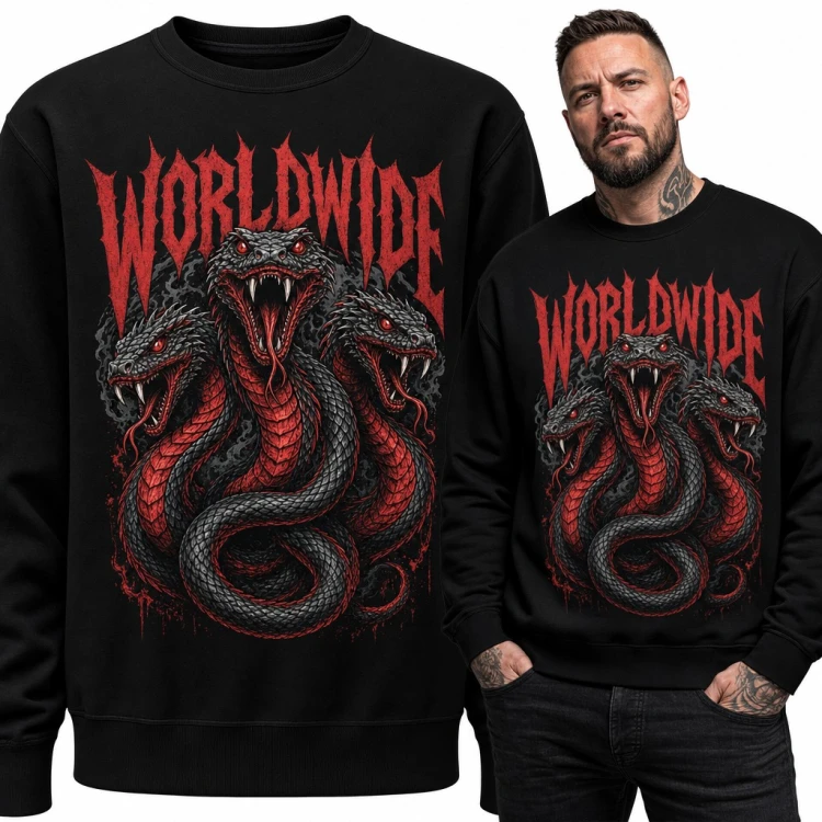 Bluza męska bez kaptura - trójgłowy wąż hydra „Worldwide” w stylu metalowym