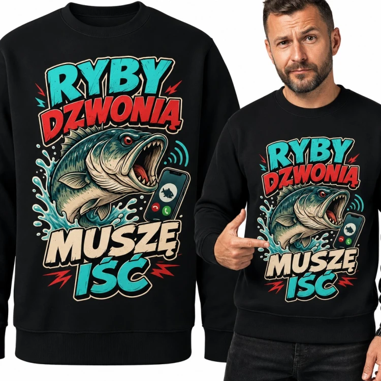 Bluza męska bez kaptura „Ryby dzwonią, muszę iść” - okoń z telefonem dla wędkarza