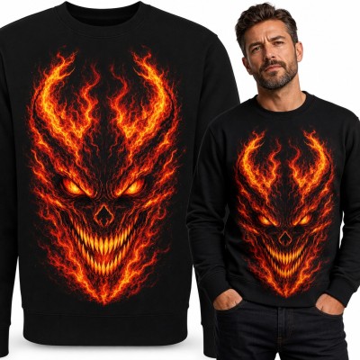 Bluza męska bez kaptura - płonąca czaszka demona z ognistymi rogami