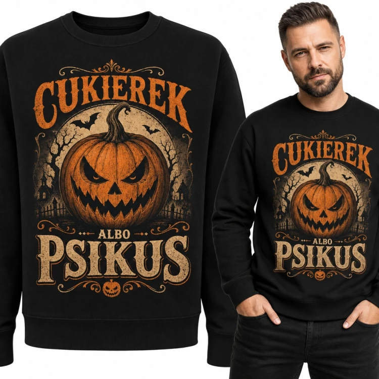 Bluza męska bez kaptura - „Cukierek albo psikus” ze złowrogą dynią na Halloween
