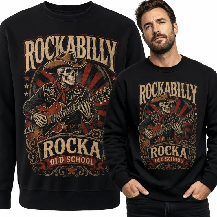 Bluza męska bez kaptura - „Rockabilly Rocka Old School” szkielet kowboja z gitarą
