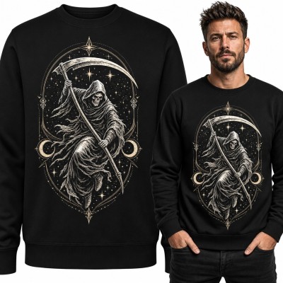 Bluza męska bez kaptura - Kostucha z kosą wśród gwiazd i półksiężyców