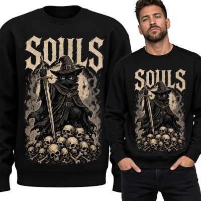 Bluza męska bez kaptura - „Souls” czarny kot czarodziej z mieczem na stosie czaszek