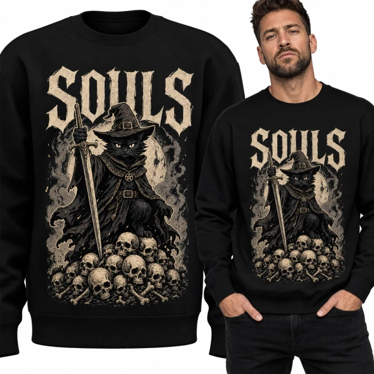 Bluza męska bez kaptura - „Souls” czarny kot czarodziej z mieczem na stosie czaszek