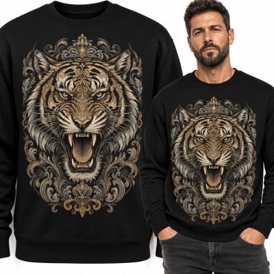 Bluza męska bez kaptura - ryczący tygrys w złotym barokowym ornamencie