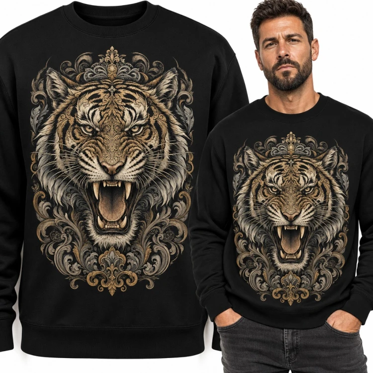 Bluza męska bez kaptura - ryczący tygrys w złotym barokowym ornamencie
