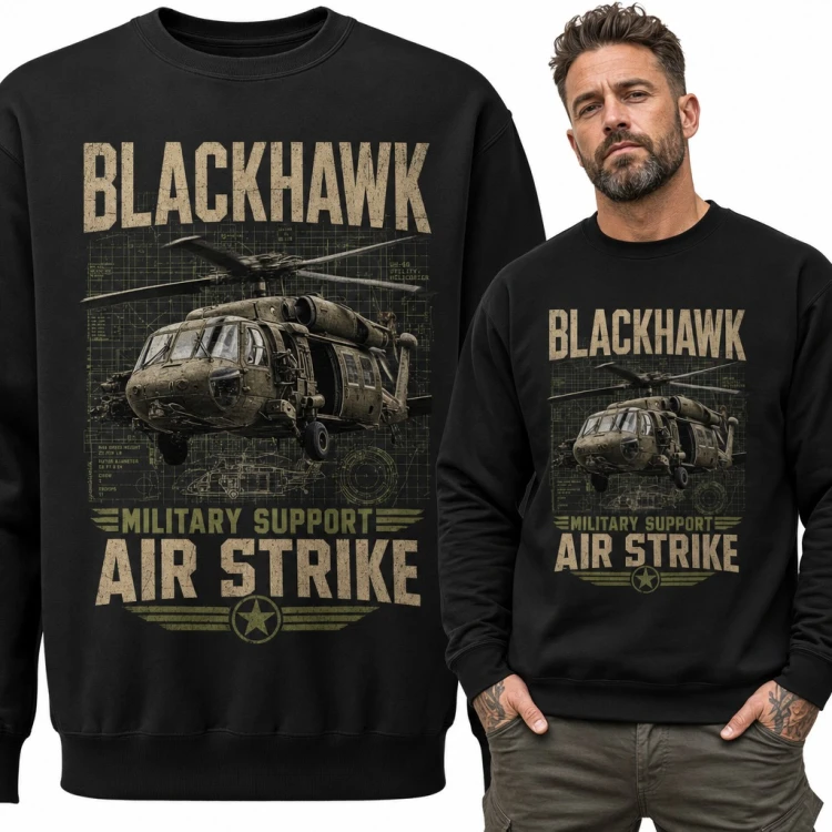 Bluza męska bez kaptura - śmigłowiec wojskowy UH-60 i napis „Blackhawk Military Support Air Strike”