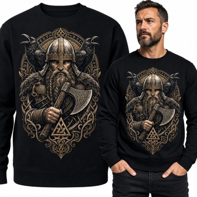 Bluza męska bez kaptura - wiking z toporem, krukami Odyna i symbolem Valknut