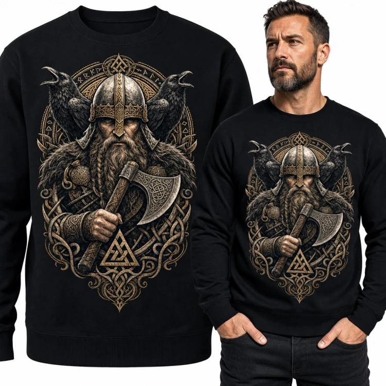 Bluza męska bez kaptura - wiking z toporem, krukami Odyna i symbolem Valknut