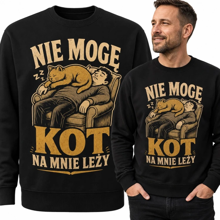 Bluza męska bez kaptura „Nie mogę kot na mnie leży” - rudy kot śpiący na drzemiącym w fotelu