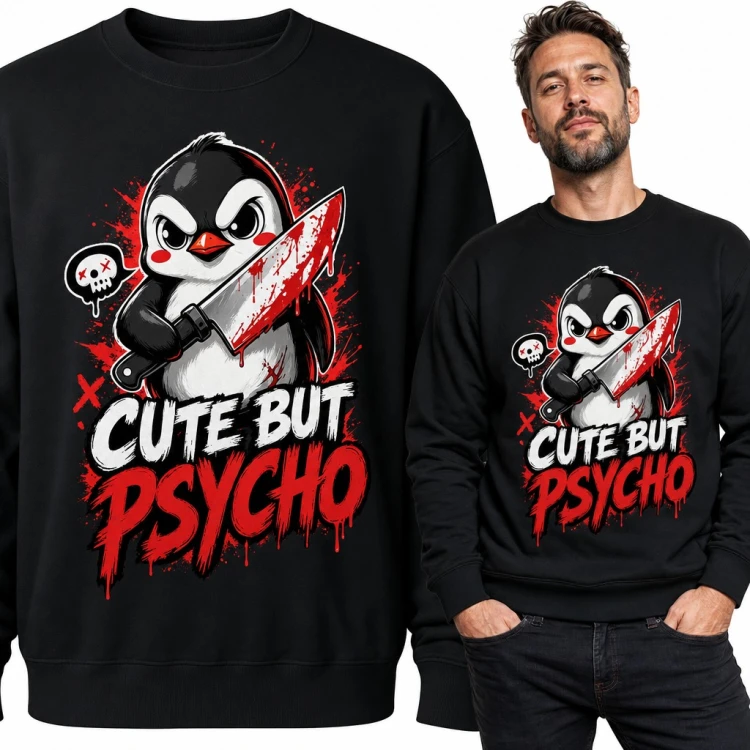 Bluza męska bez kaptura - „Cute but psycho” wściekły pingwin z nożem