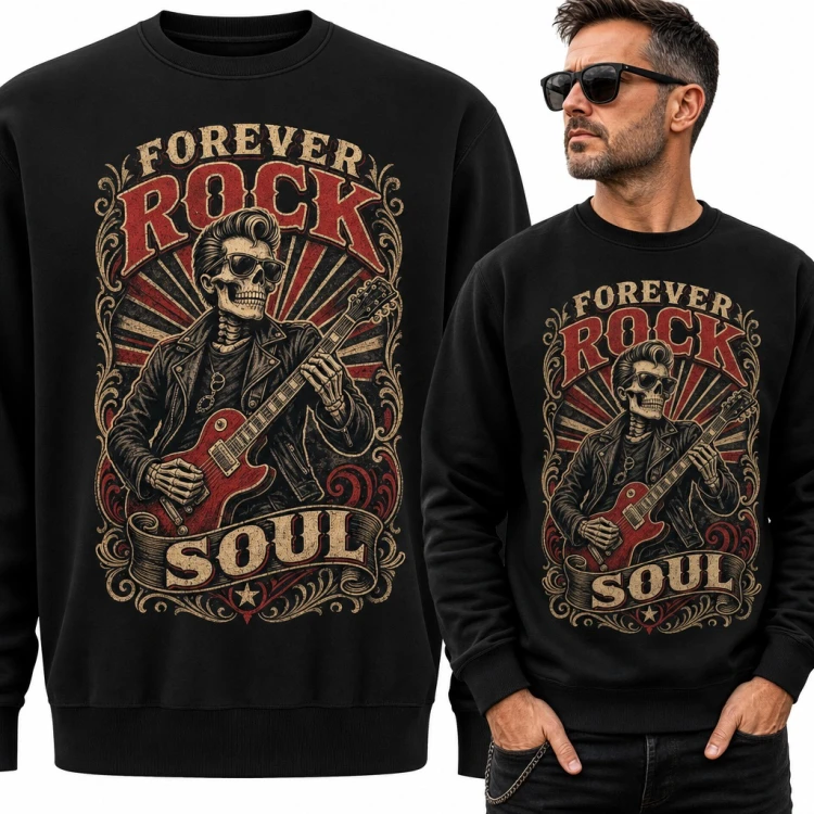 Bluza męska bez kaptura - szkielet rockabilly z gitarą „Forever Rock Soul”