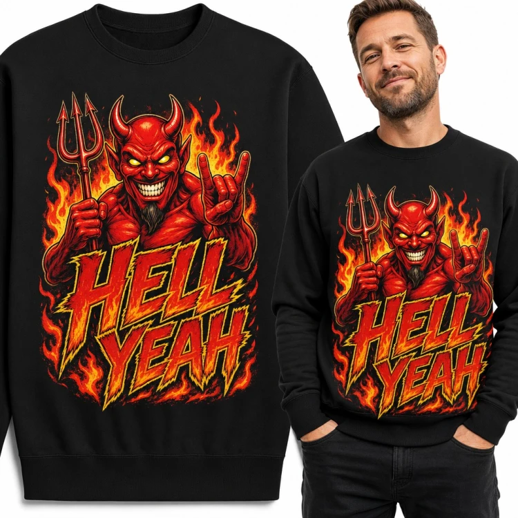 Bluza męska bez kaptura - diabeł z widłami w ogniu „Hell yeah” dla fana metalu