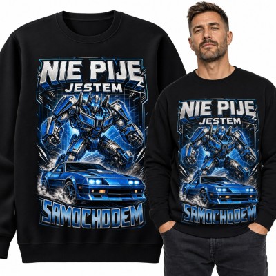 Bluza męska bez kaptura „Nie piję, jestem samochodem” - robot i sportowe auto