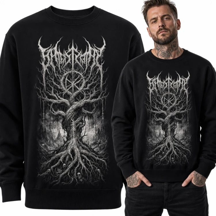 Bluza męska bez kaptura - martwe drzewo z runami i czaszkami w stylu black metal