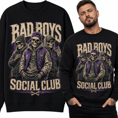 Bluza męska bez kaptura - „Bad Boys Social Club” trzy szkielety w streetwearze