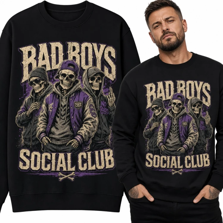 Bluza męska bez kaptura - „Bad Boys Social Club” trzy szkielety w streetwearze