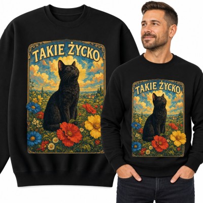 Bluza męska bez kaptura - czarny kot na kwietnej łące „Takie życko” dla kociarza