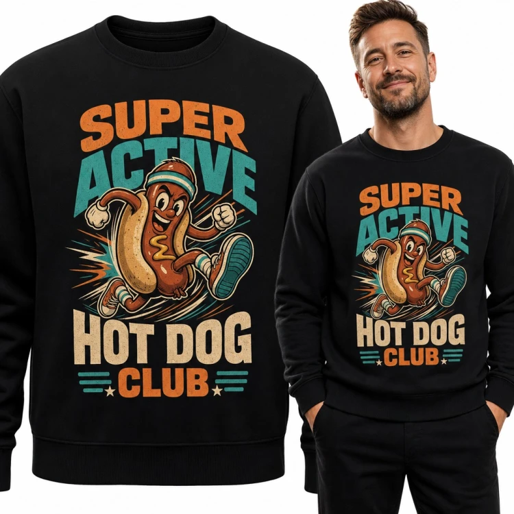 Bluza męska bez kaptura - „Super active hot dog club” z biegnącym hot dogiem