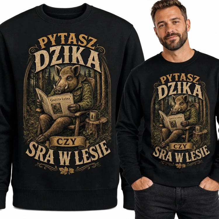 Bluza męska bez kaptura „Pytasz dzika czy sra w lesie” - dzik z Gazetą Leśną