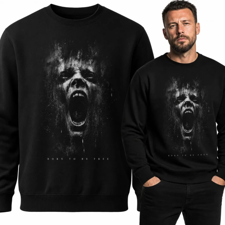 Bluza męska bez kaptura - krzycząca twarz w stylu horror „Born to be free”