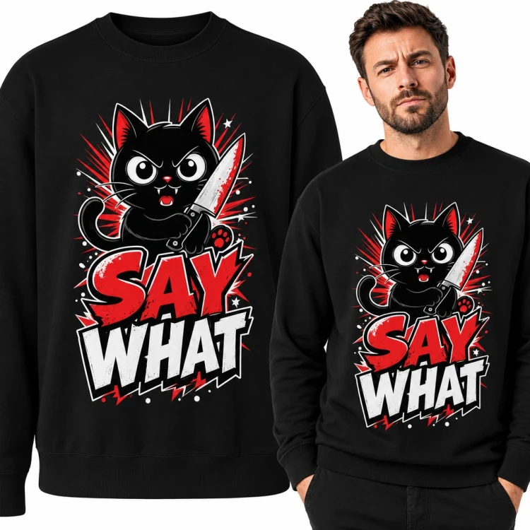 Bluza męska bez kaptura - wkurzony czarny kot z nożem „Say what”