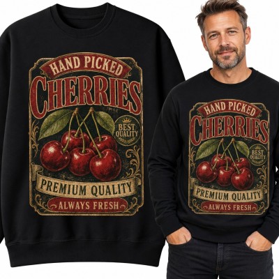 Bluza męska bez kaptura - „Hand Picked Cherries” retro etykieta z czereśniami