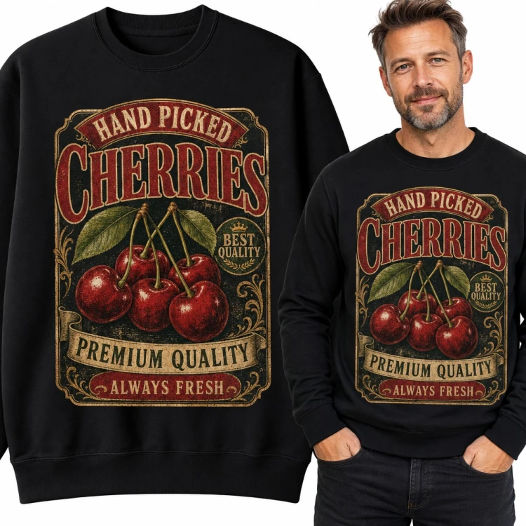 Bluza męska bez kaptura - „Hand Picked Cherries” retro etykieta z czereśniami