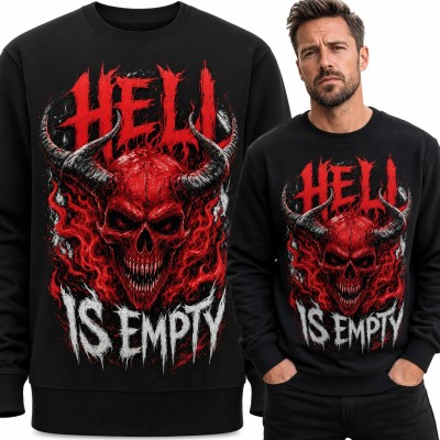 Bluza męska bez kaptura - czerwona czaszka demona z rogami „Hell is empty”
